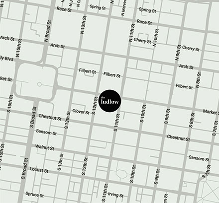 Map of Center City Philadelphia, with The Ludlow - East Market on 12th and Market Street